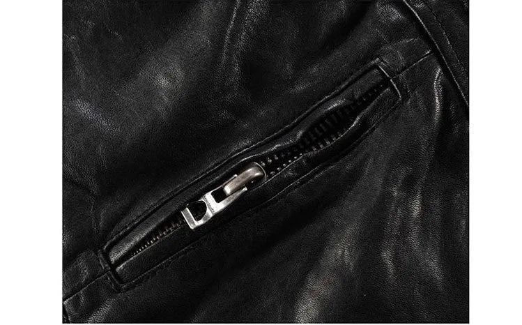 Men's genuine leather slim-fit motorcycle jacket in black cowhide, zipper closure, front view