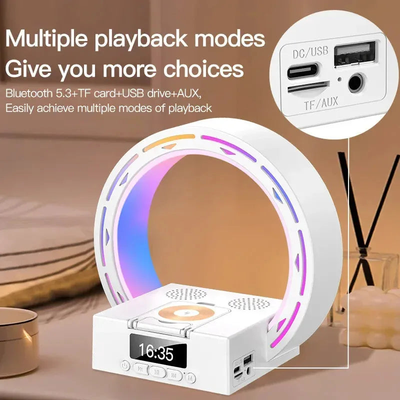 White multifunction bedside unit with wireless charging pad, Bluetooth speaker, digital clock display, and adjustable lighting