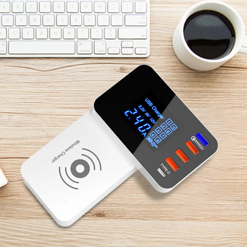 White multi USB port fast wall charger with integrated 10W wireless charging pad and UK, EU, US travel plug adapters