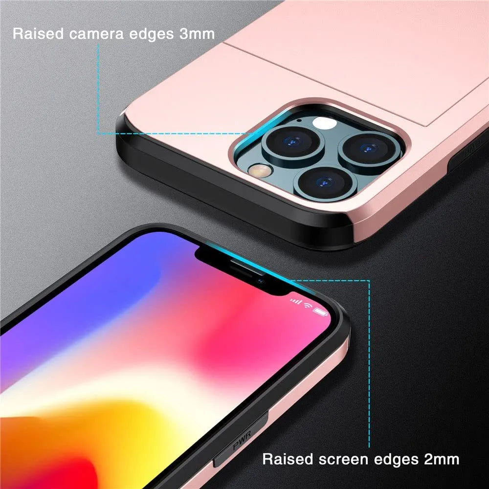 Matte mobile phone case with a sliding card cover open, showing card slots, for iPhone.
