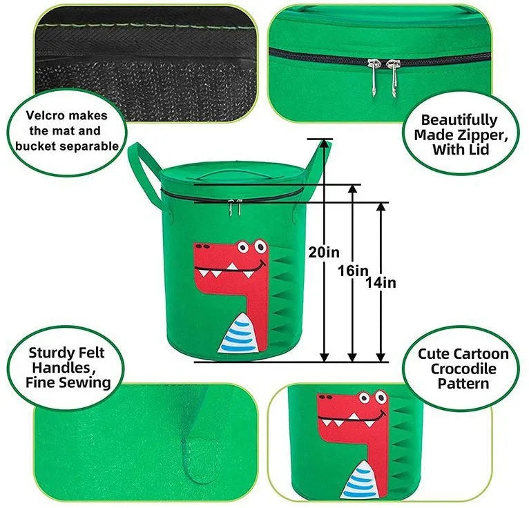Green felt cube storage bag with pull rope, laid flat as a play mat and gathered into a bag.