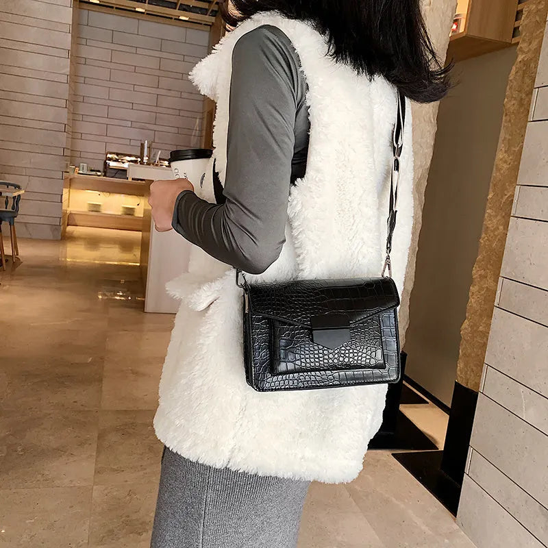 Vintage style PU crossbody bag in black, shown with dimensions for mobile phones and wallets
