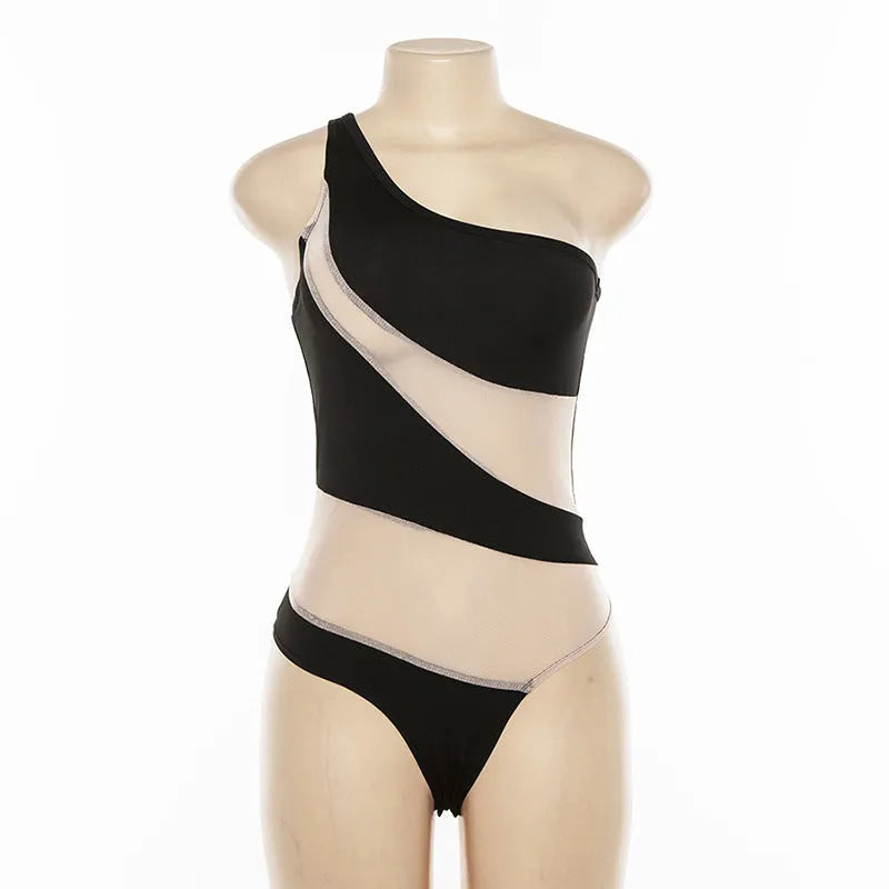 Women's black mesh one-piece swimsuit with sleeveless design and built-in chest pad