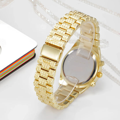 Women's gold crystal quartz analog watch with 38mm stainless steel dial and 22cm band