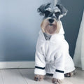 White polyester pet bathrobe for dogs and cats, sizes S to XL, on a white background