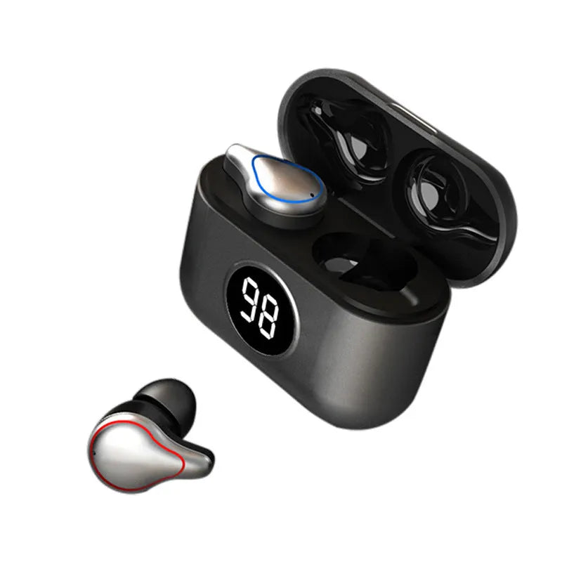 Black and blue in-ear Bluetooth wireless earbuds with an earplug-style design.