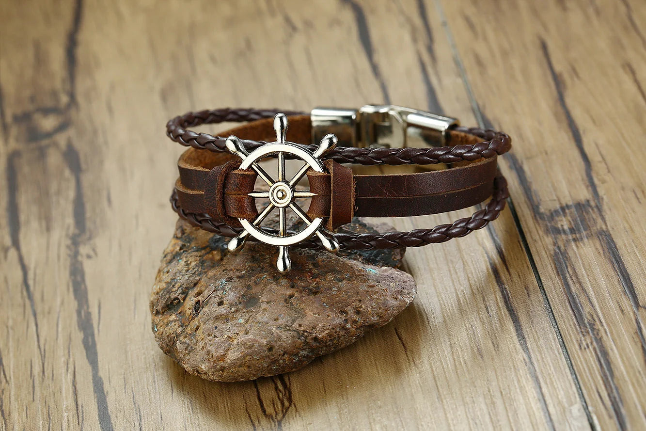 Alloy lucky figure 8 leather bracelet with adjustable leather strap and stainless steel accents