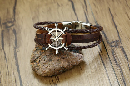 Alloy lucky figure 8 leather bracelet with adjustable leather strap and stainless steel accents