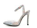 Women's pointed toe diamond embellished sandals with a stiletto heel on a white background.