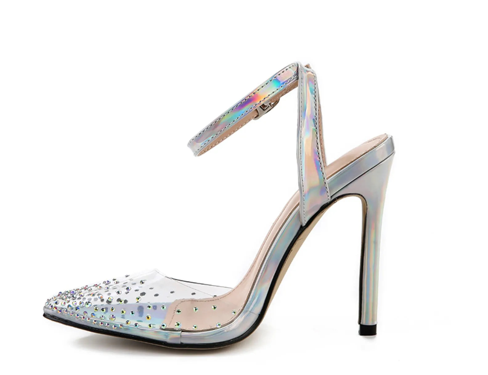 Women's pointed toe diamond embellished sandals with a stiletto heel on a white background.