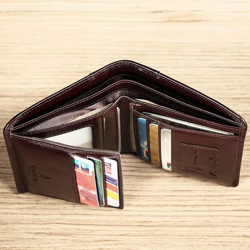Men's leather wallet showing internal compartments including photo window, card slots and coin pouch