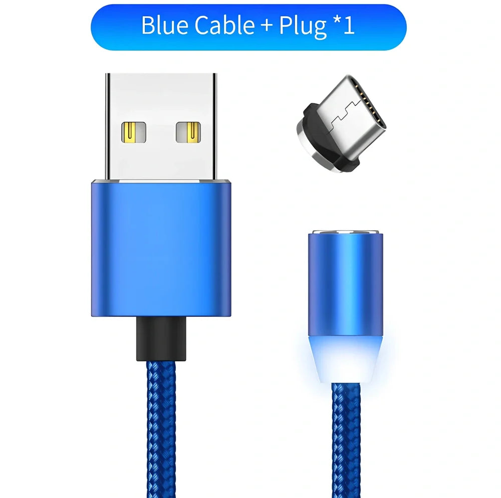 YBD 1m black magnetic LED charging cable with three-in-one plugs for iPhone and Android, showing N52 magnet connection