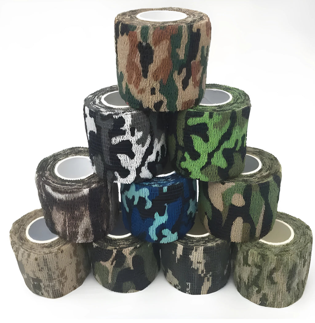 Camouflage non-woven self-adhesive elastic bandage roll 5 cm width on white background