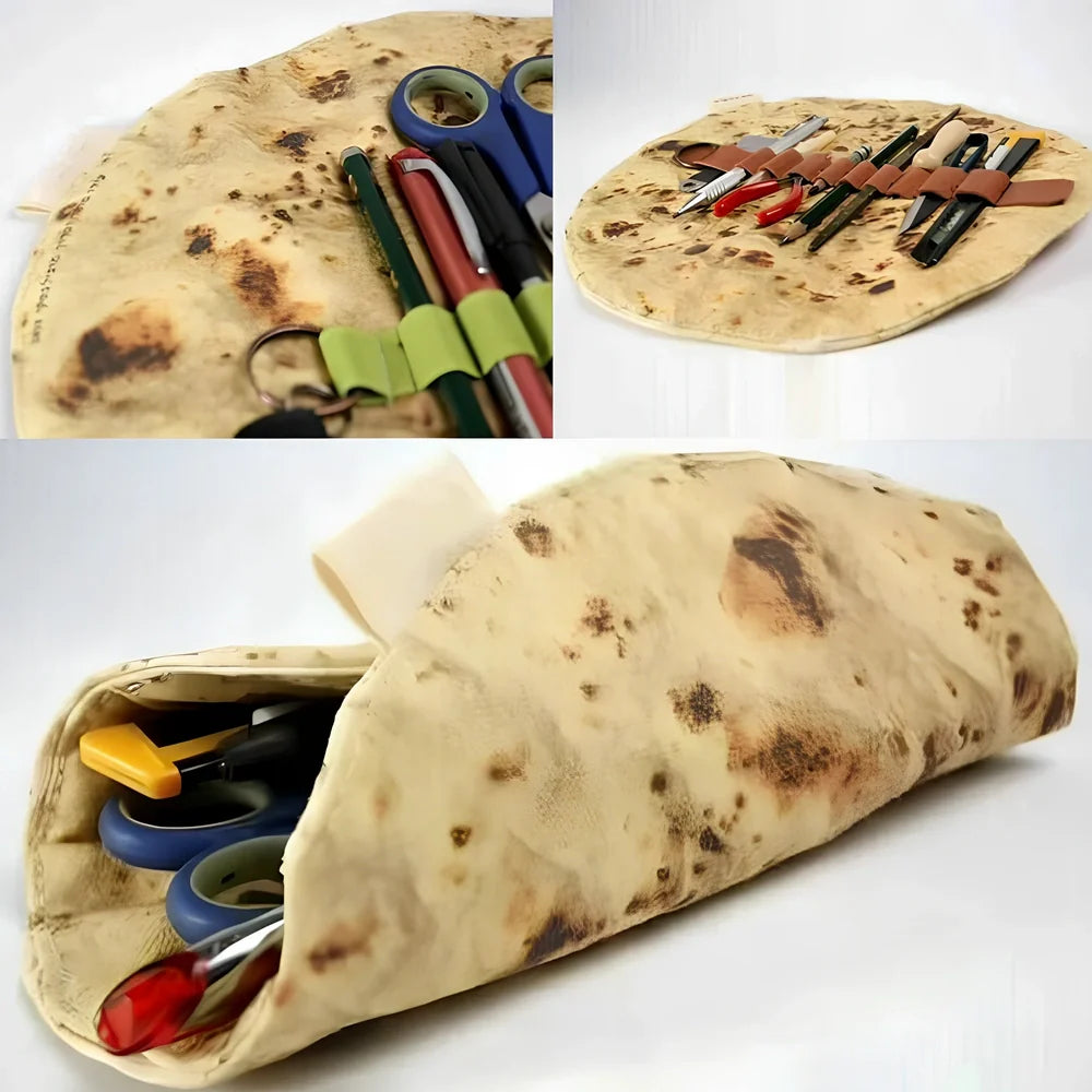 Burrito roll simulation pencil case in fabric, 22 cm size, unrolled showing pencil storage space