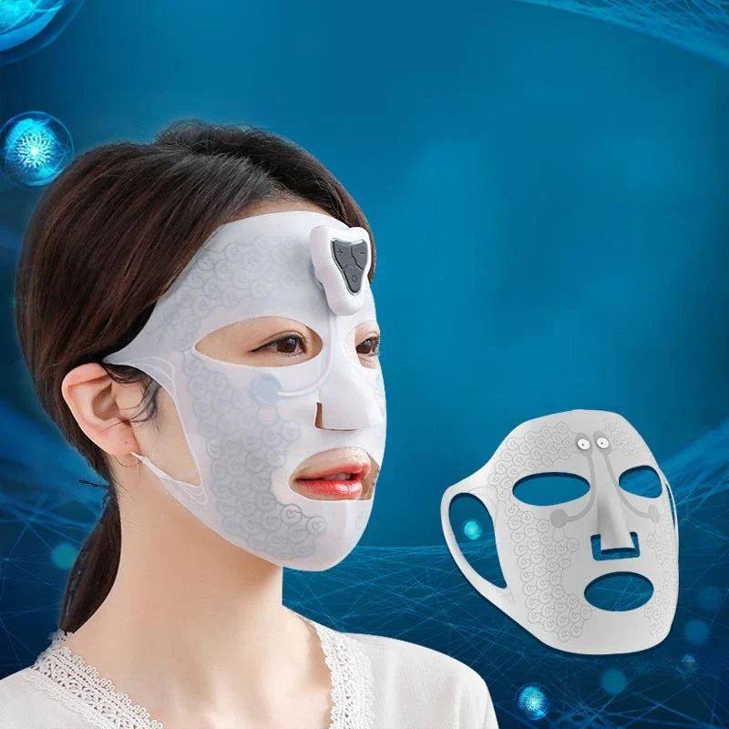 Silky smooth, adjustable facial massager in white and black colors, featuring low-frequency pulsing technology for skin rejuvenation