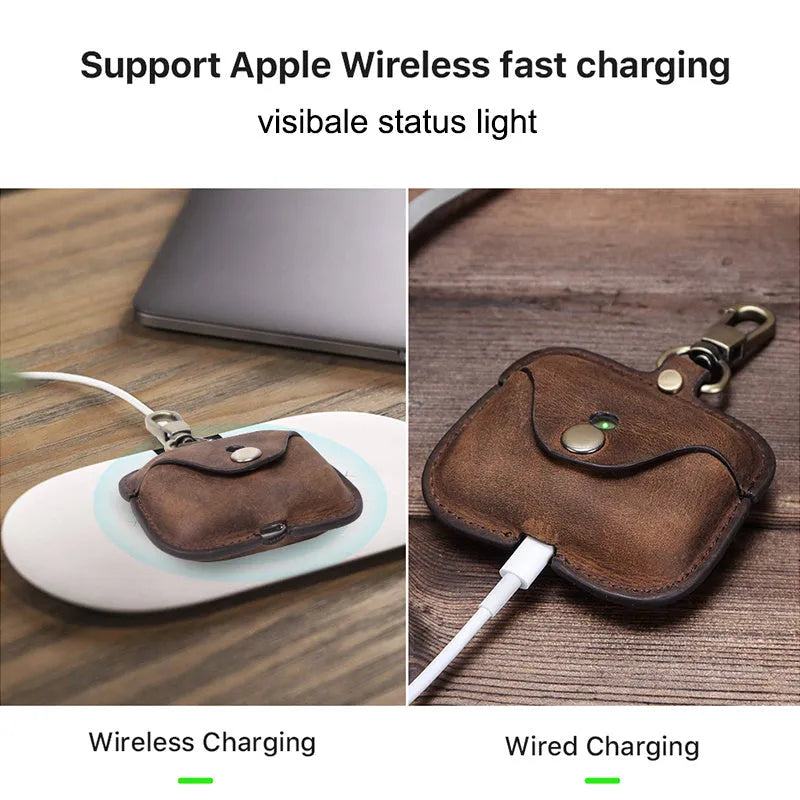 Brown leather AirPods Pro case with vintage clamshell design and crazy horse pattern texture