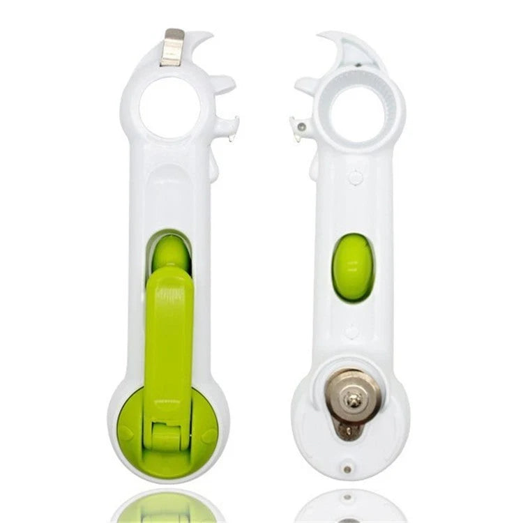 Universal 6-in-1 kitchen tool for opening jars, cans, and bottles in white and green