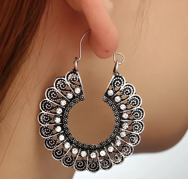 Pair of bohemian ethnic alloy earrings with 5cm geometric plated design for women's fashion