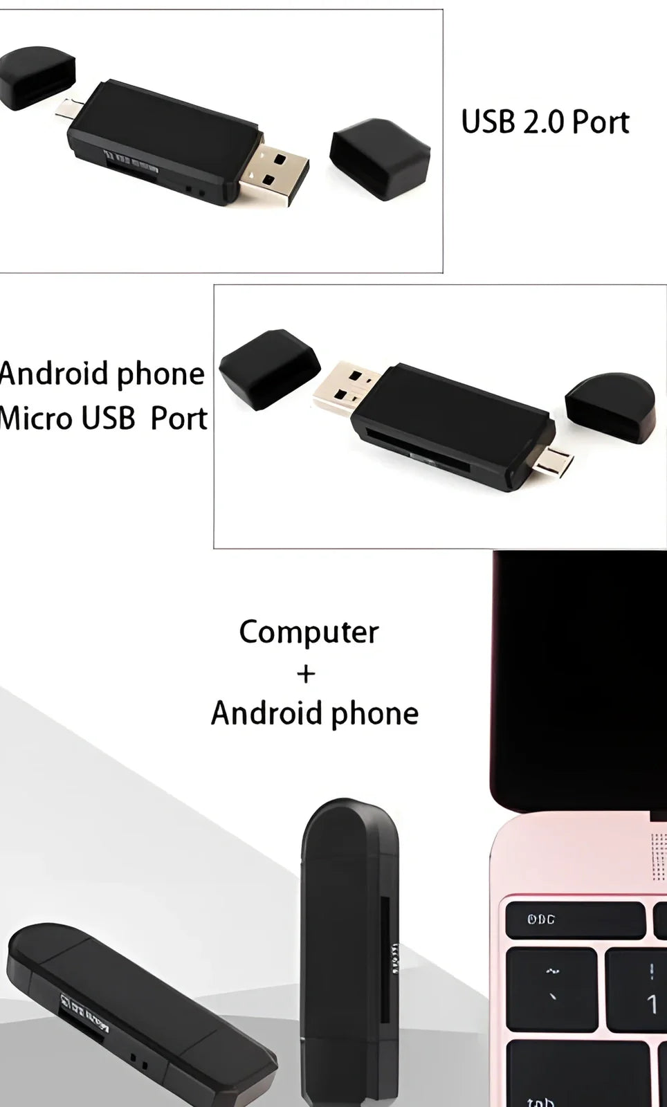 Black three-in-one card reader with Micro USB and USB connectors for Android devices