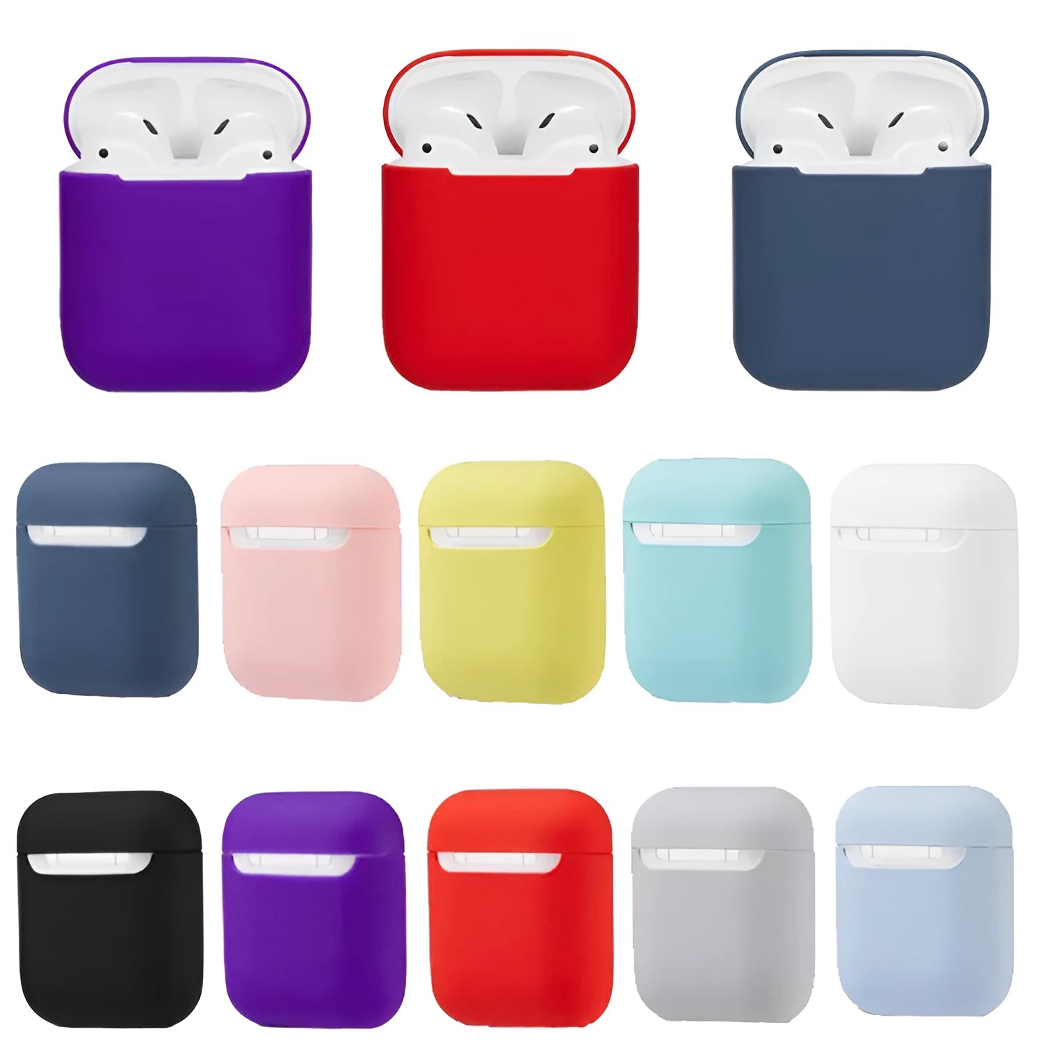 Silicone case for AirPods charging case in multiple colour options on a white background