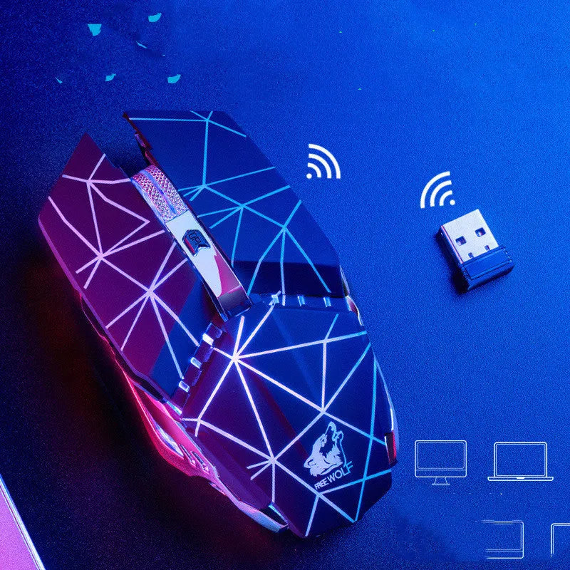 Black rechargeable wireless gaming mouse with six buttons on a desk next to a USB receiver.