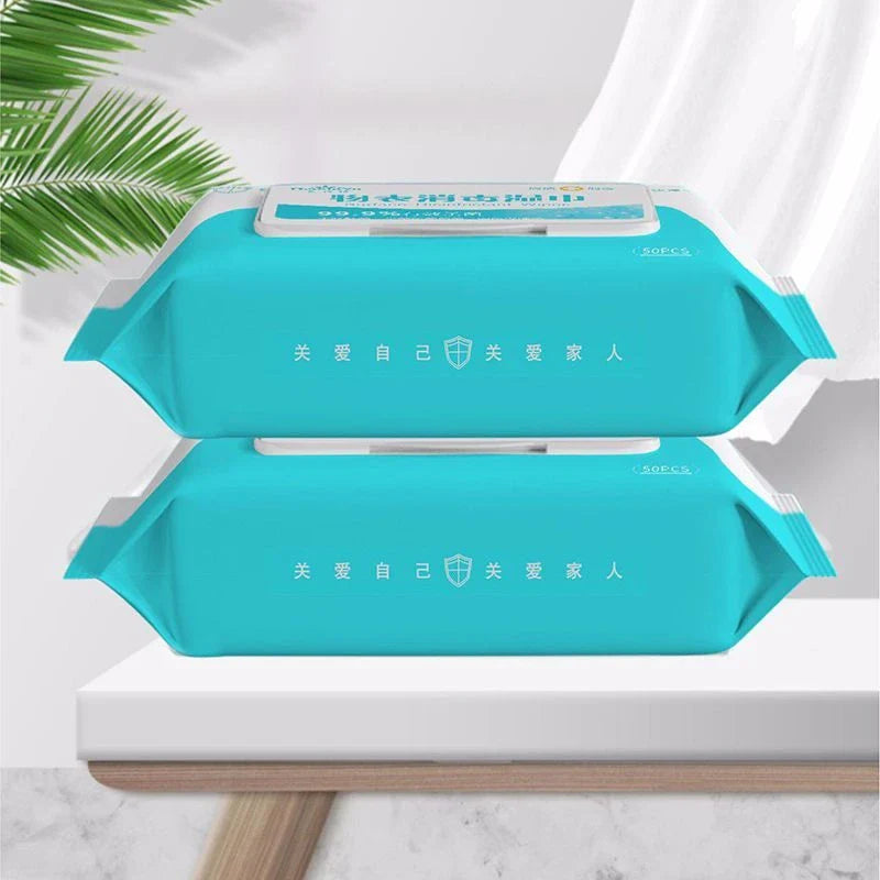 50PCS alcohol wipes for effective disinfection, measuring 180mm x 150mm