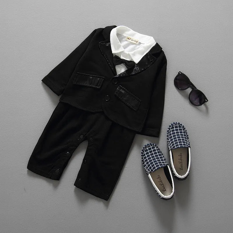 Baby boy gentleman dress long sleeve suit in black cotton fabric on white background