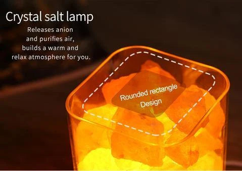 Himalayan salt lamp with natural pink-orange glow, releasing negative ions to purify the air and create a calming, relaxing atmosphere