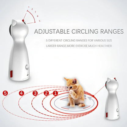 White automatic rotating laser cat toy, 80x80x180mm, with adjustable ranges for pet exercise
