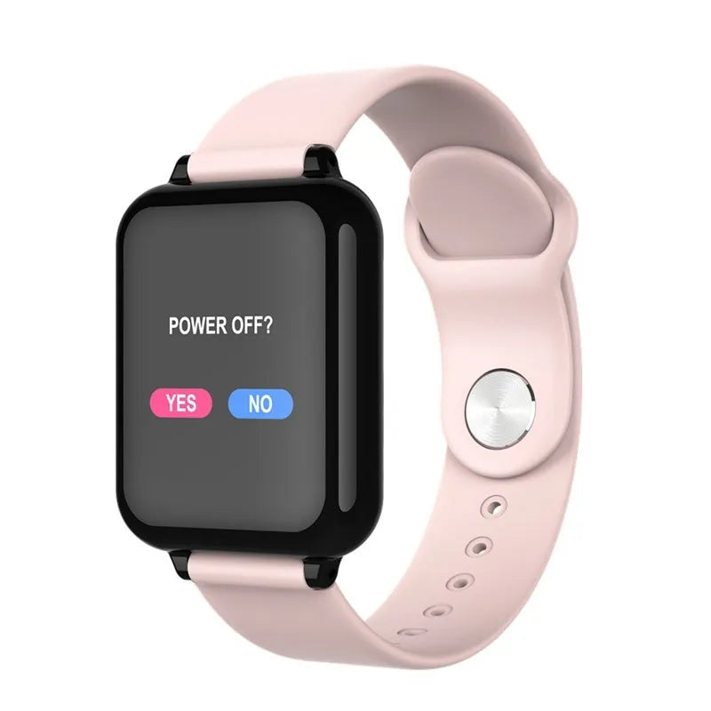 B57 colour screen smart sports watch compatible with Apple iPhone, showing heart rate display on 1.3 inch IPS screen, black strap