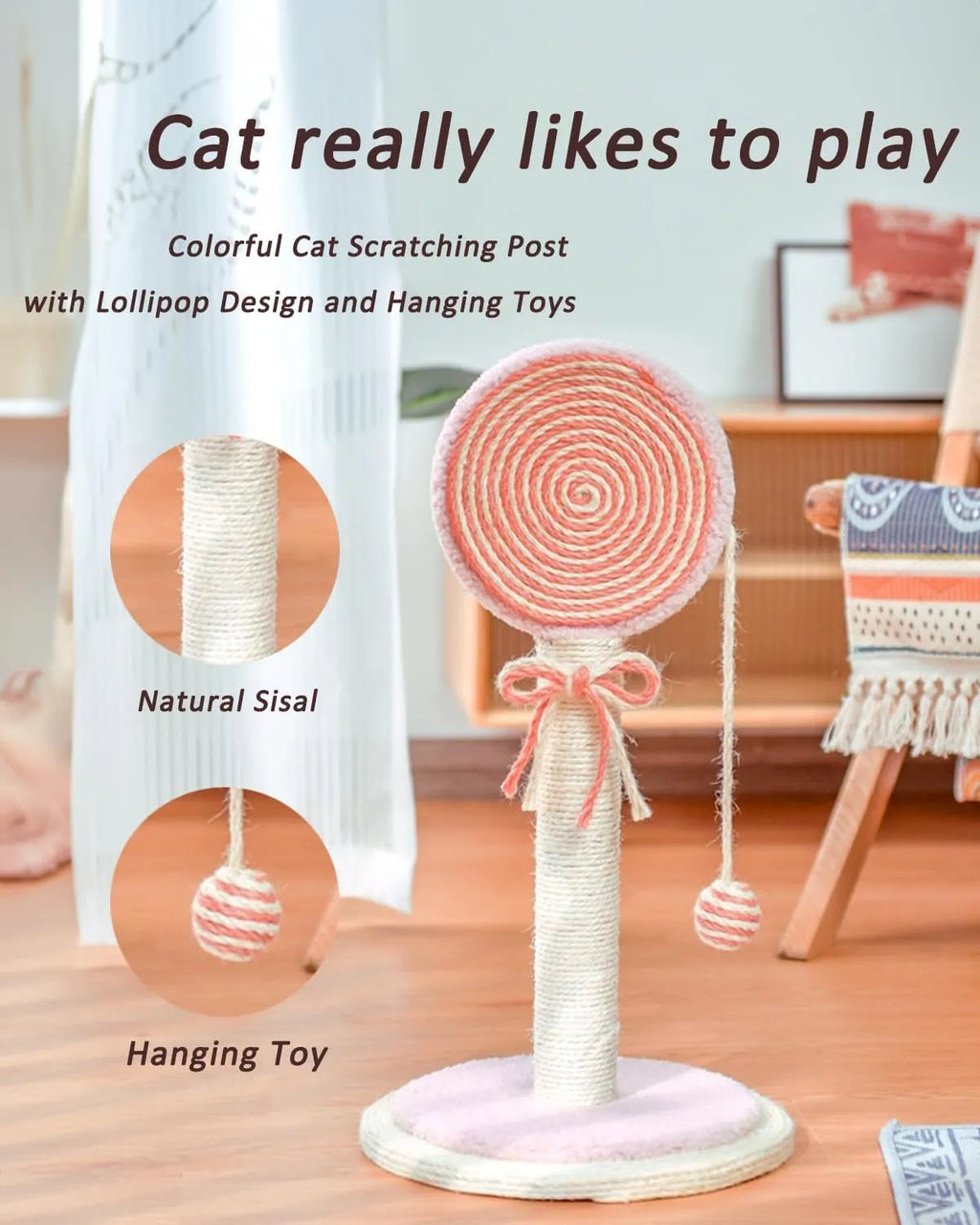 Blue cat scratching post with sisal rope and a hanging yellow ball on a sturdy square base.