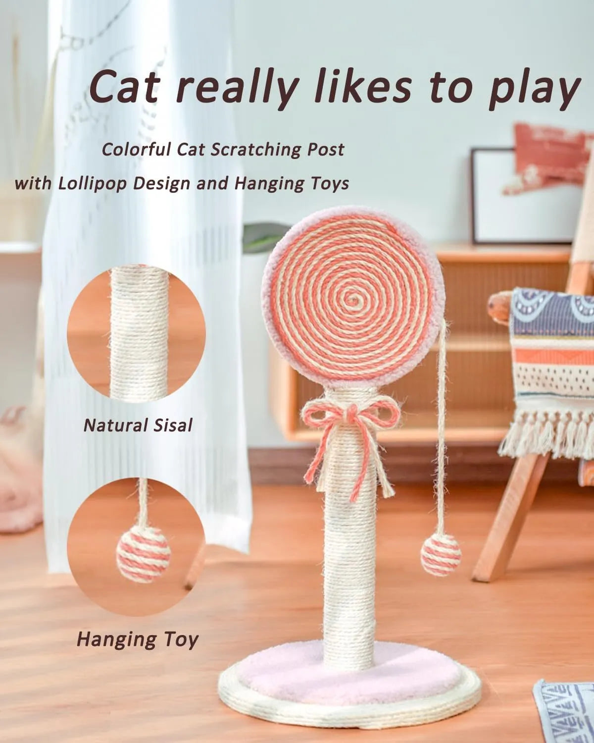 Blue cat scratching post with sisal rope and a hanging yellow ball on a sturdy square base.