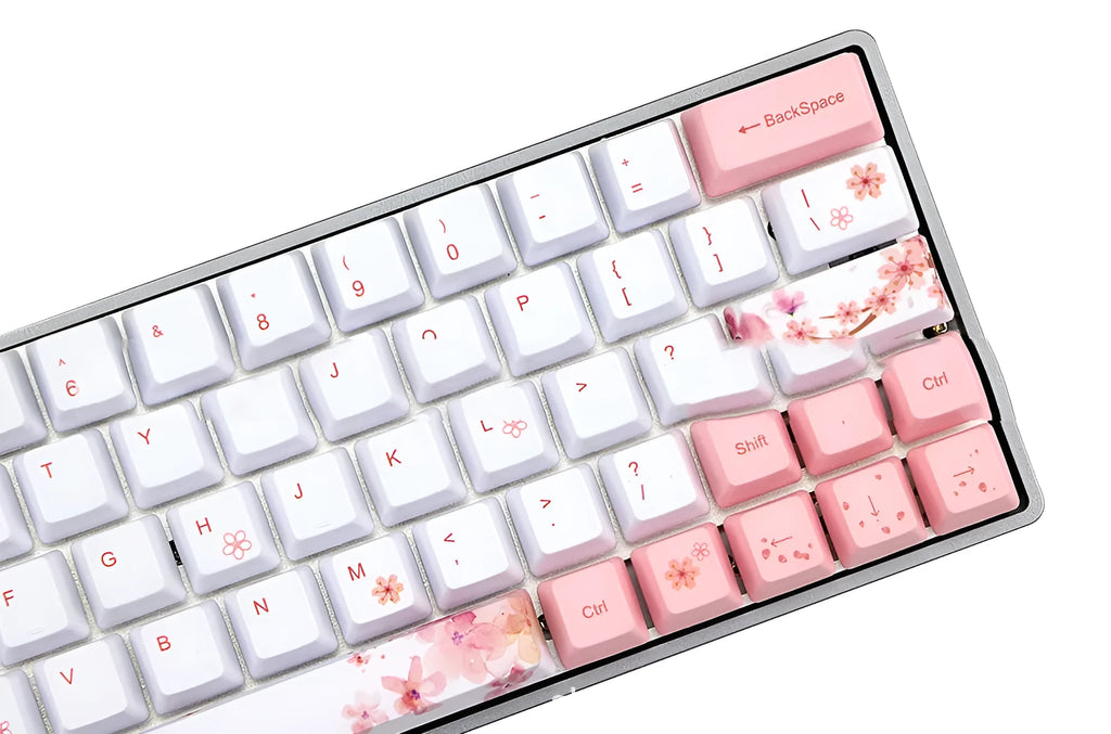Pink PBT mechanical keyboard keycaps with five-sided sublimation print, shown on a white background.