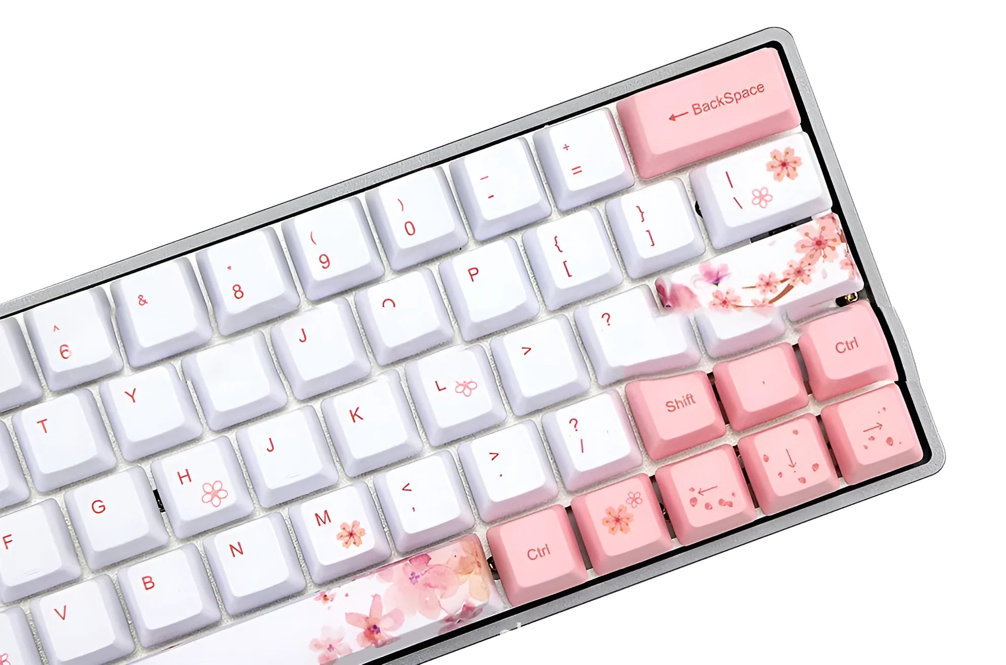 Pink PBT mechanical keyboard keycaps with five-sided sublimation print, shown on a white background.