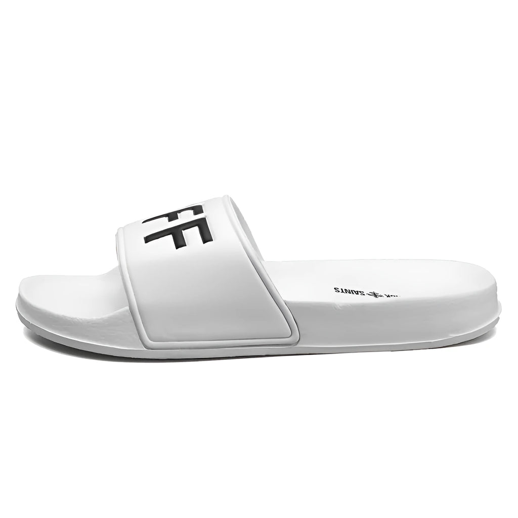 A pair of large men's open-toe slippers with a rubber sole, shown in black.