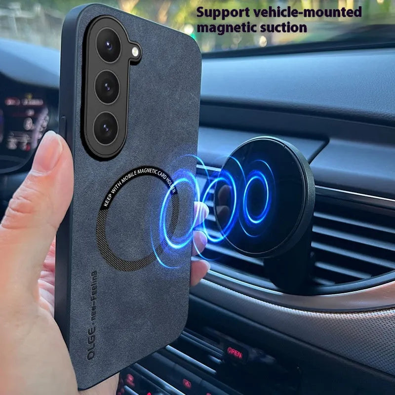 Samsung Galaxy phone case in graphite black with magnetic ring and imitation leather finish