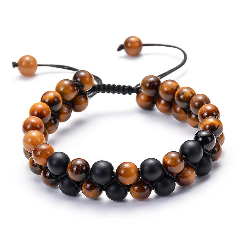 Tiger Eye Couple Bracelets with matte black agate beads, modern geometry design