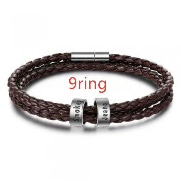 Personalized braided leather bracelet with engraved charm for men, available in black, brown, and navy colors