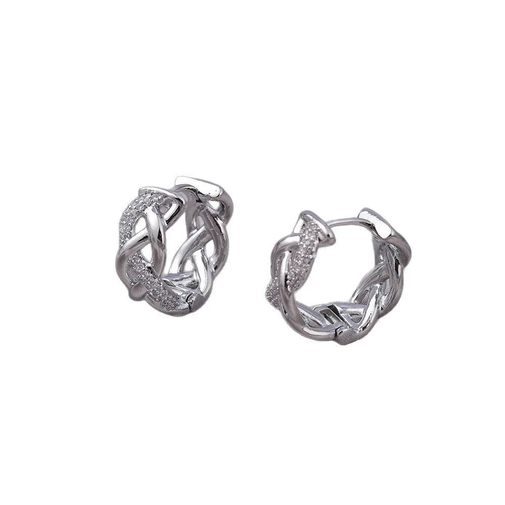 Micro zircon stud earrings with woven twisted gold design real gold plating on copper geometric shape