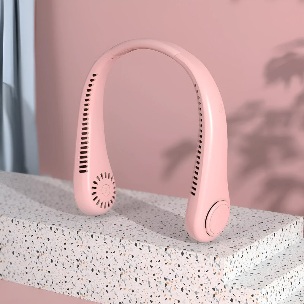 A pink portable bladeless neck fan with a soft neckband, shown being worn.