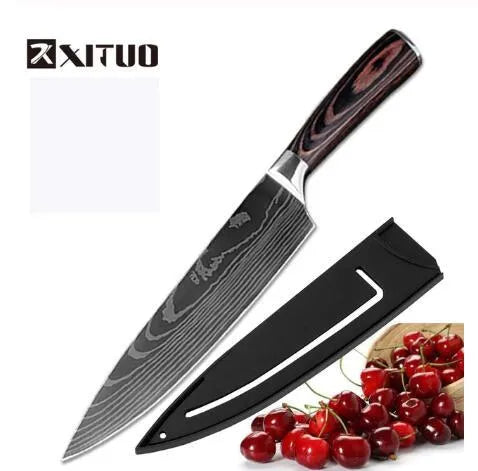 7Cr17 stainless steel kitchen knife with laser Damascus pattern on blade and colour wood handle