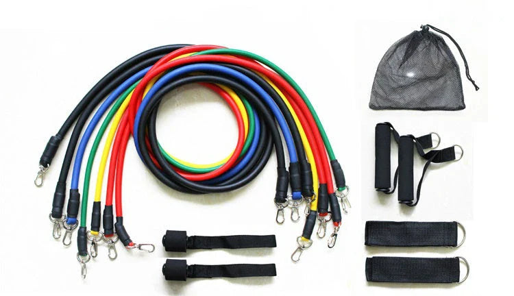 17-piece multi-function puller set with resistance bands, handles, and ankle straps for home strength training