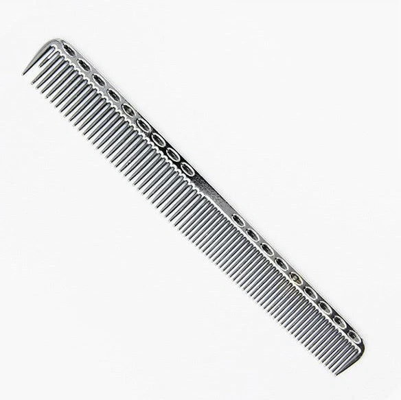 Space aluminium haircut comb in rose gold finish showing precise tooth spacing and polished metal surface