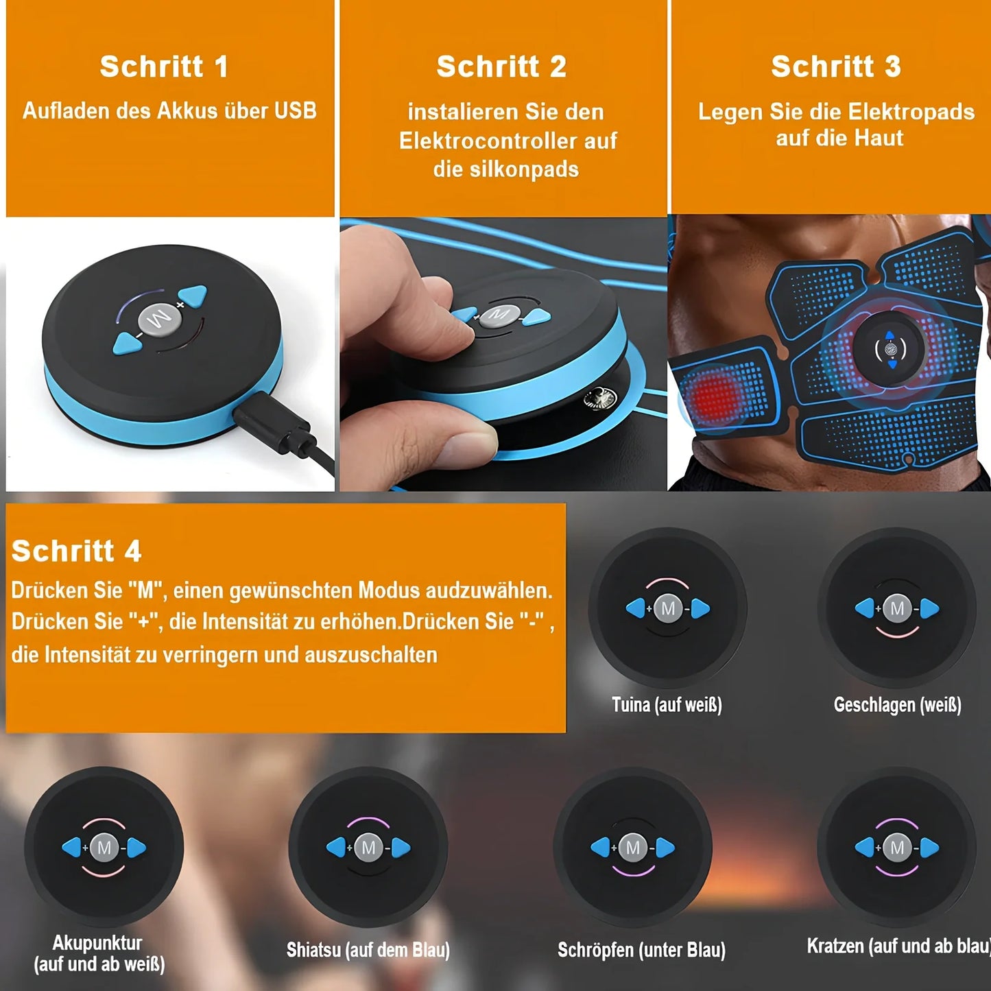 USB-rechargeable EMS abdominal muscle trainer with six electrode pads and digital control unit