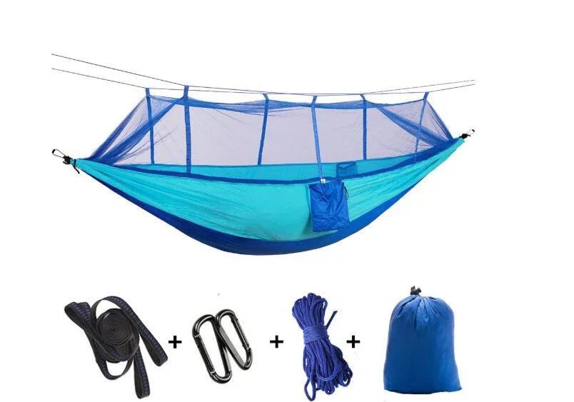 Parachute hammock with mosquito net in various colors and sizes, ideal for outdoor adventures and relaxation