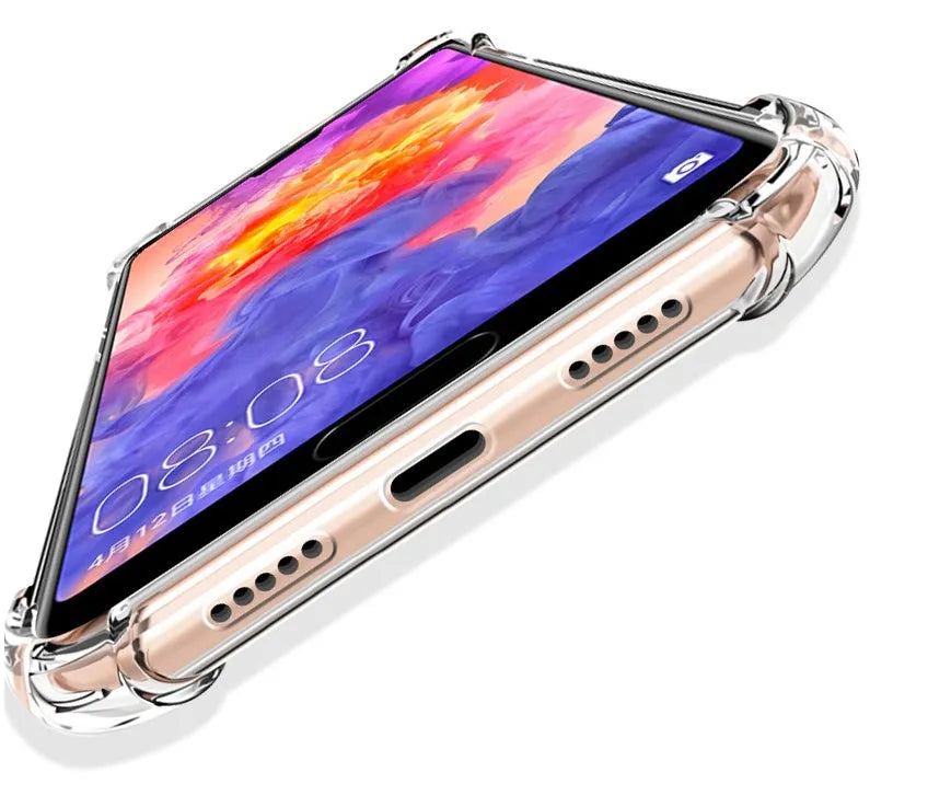 Transparent TPU phone case for Huawei and Honor smartphones showing airbag anti-fall design.