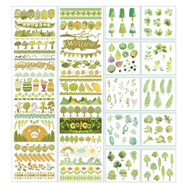 Box of five fruit tape sticker rolls in styles A B C D E with detailed fruit patterns on clear PET