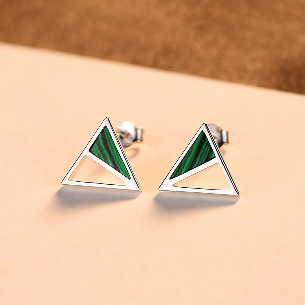 Geometric malachite stud earrings in silver with green colour, Korean style, pure silver inlay