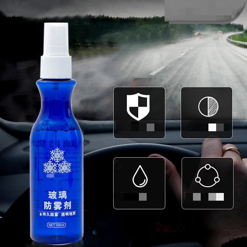 Blue bottle of windscreen liquid-spray anti-fog agent 100 ml on car dashboard