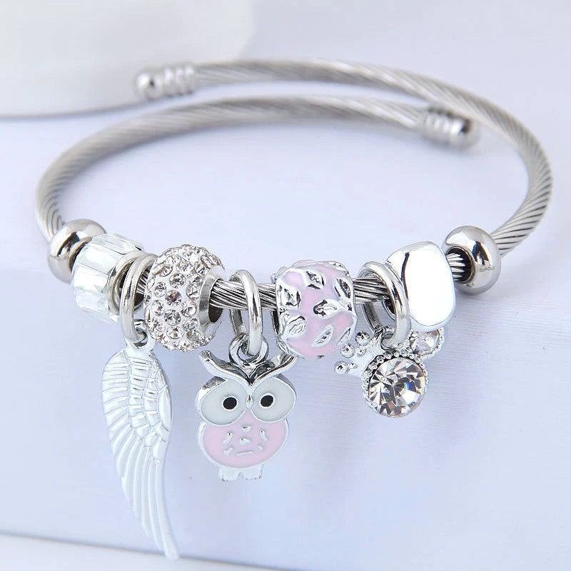 DIY Beaded Owl Angel Wings Pendant Stainless Steel Bracelet with rhinestone accents